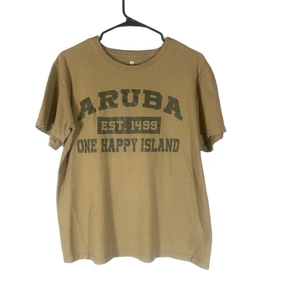 Jo Anne Olive Green Short Sleeve Aruba One Happy Island T-Shirt Women Sz L - Picture 1 of 7